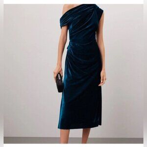 Shoshanna Grover blue green one shoulder stretch velvet midi dress • Sz 12